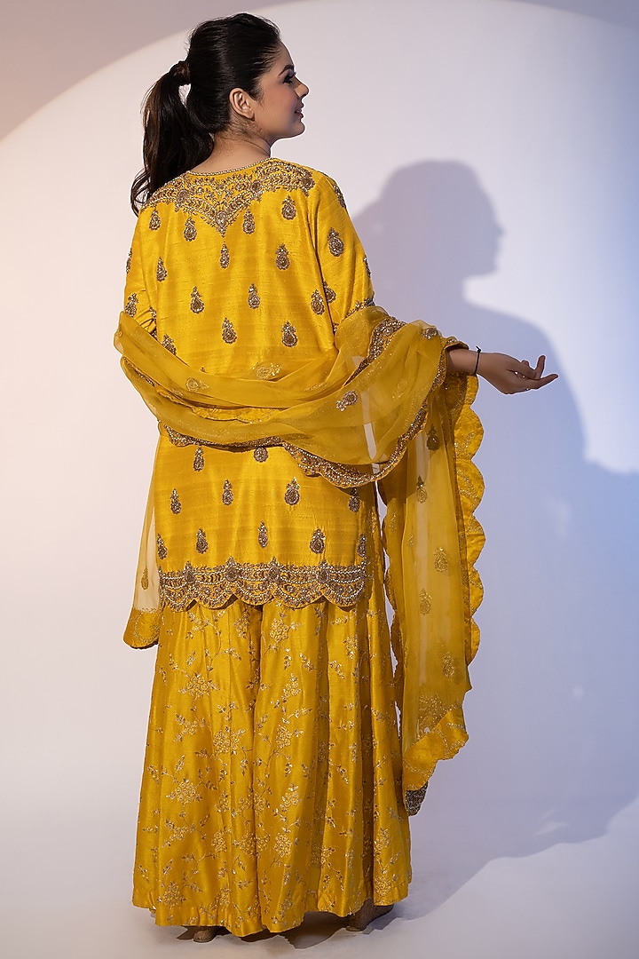 Yellow Pure Raw Silk & Organza Embroidered Wedding Sharara Set by SEJAL KUMAR at Pernia's Pop Up Shop