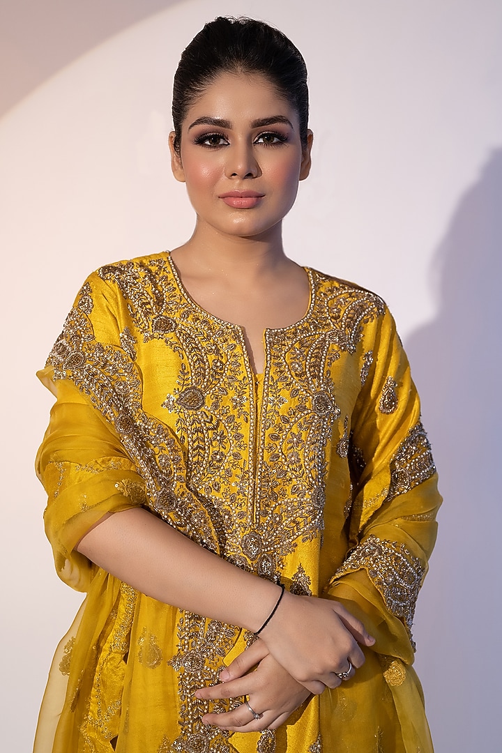 Yellow Pure Raw Silk & Organza Embroidered Wedding Sharara Set by SEJAL KUMAR at Pernia's Pop Up Shop