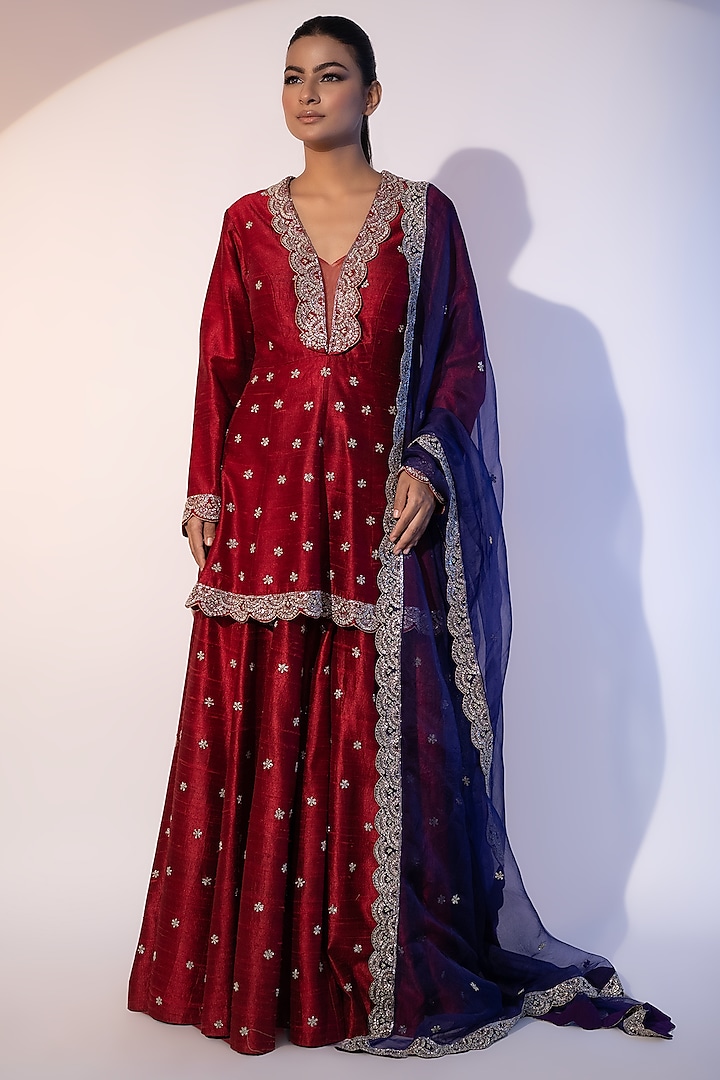 Red Pure Raw Silk Dabka & Nakshi Embroidered Sharara Set by SEJAL KUMAR