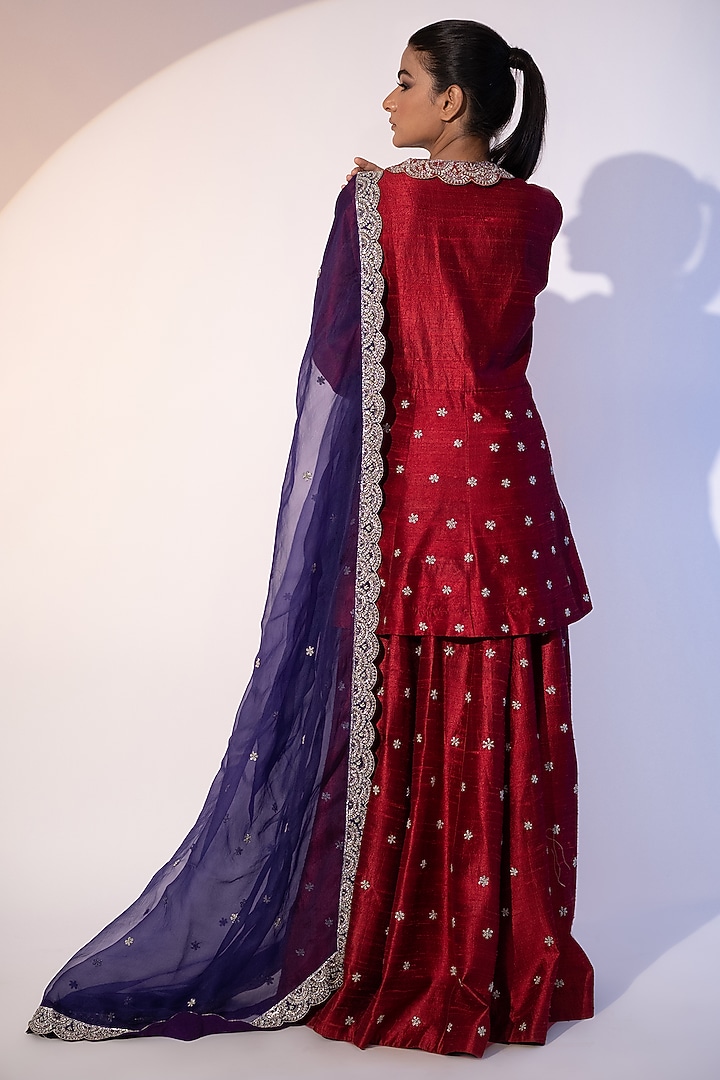 Red Pure Raw Silk Dabka & Nakshi Embroidered Wedding Sharara Set by SEJAL KUMAR at Pernia's Pop Up Shop