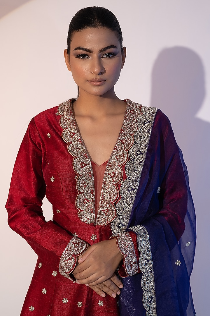 Red Pure Raw Silk Dabka & Nakshi Embroidered Wedding Sharara Set by SEJAL KUMAR at Pernia's Pop Up Shop