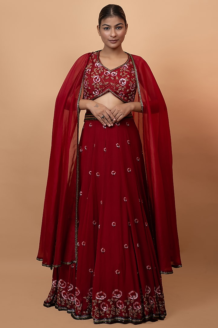 Red Pure Georgette & Organza Embroidered Cape Lehenga Set by SEJAL KUMAR