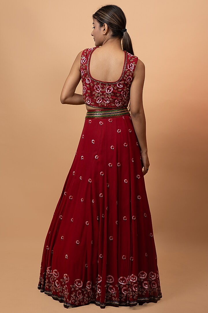Red Pure Georgette & Organza Embroidered Cape Wedding Lehenga Set by SEJAL KUMAR at Pernia's Pop Up Shop