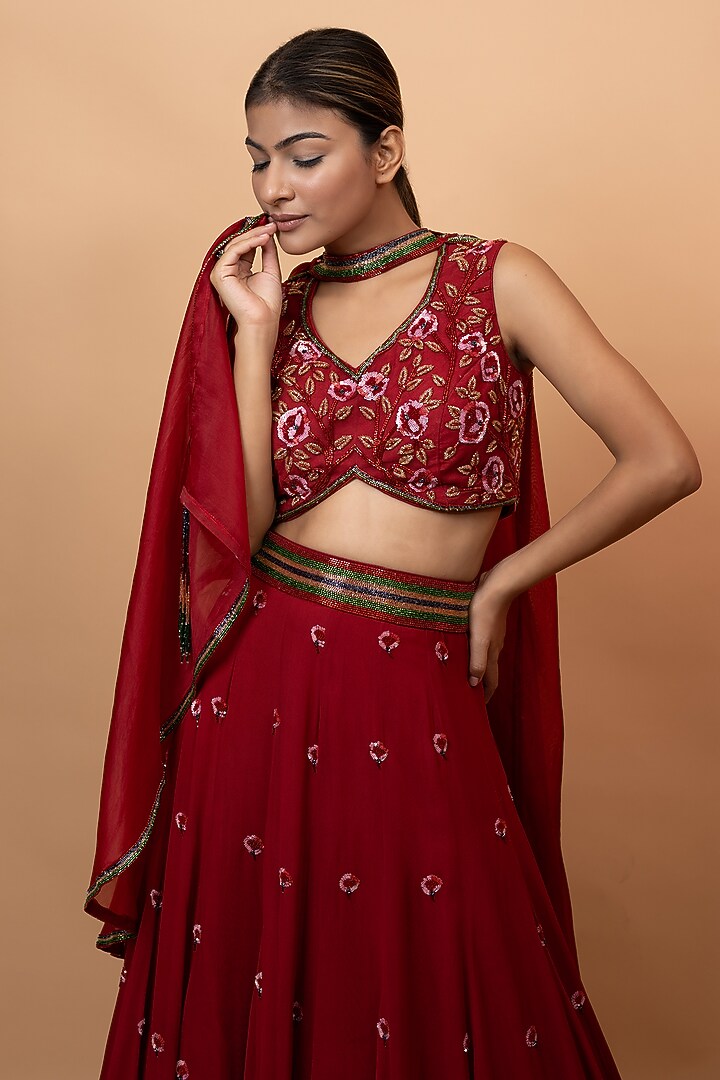 Red Pure Georgette & Organza Embroidered Cape Wedding Lehenga Set by SEJAL KUMAR at Pernia's Pop Up Shop