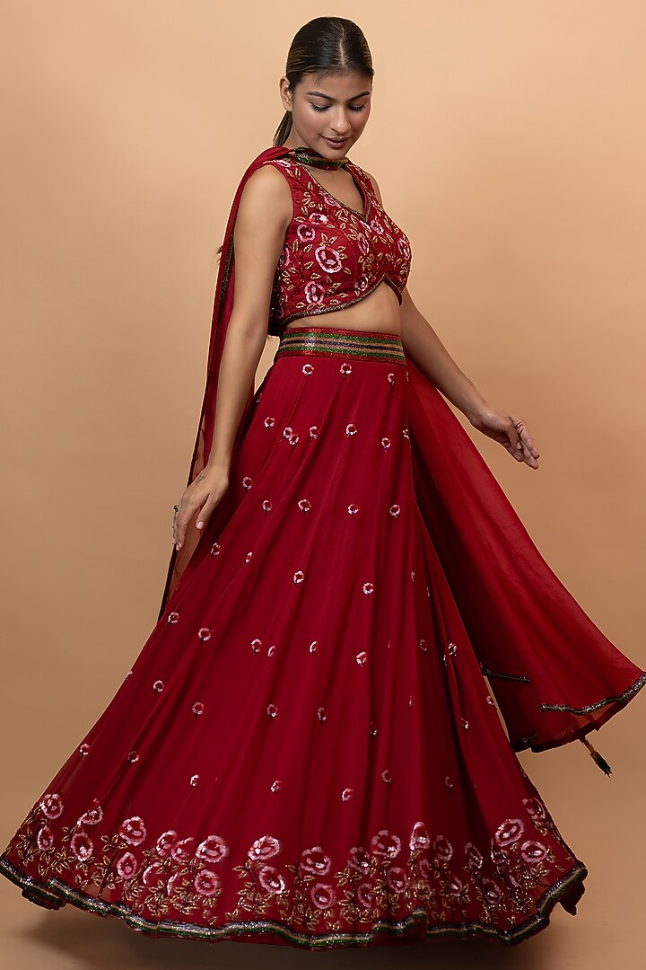 Red Pure Georgette & Organza Embroidered Cape Wedding Lehenga Set by SEJAL KUMAR at Pernia's Pop Up Shop