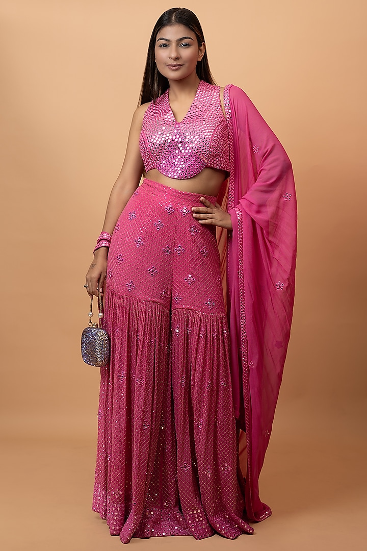 Pink Pure Georgette Mirror Embroidered Gharara Set by SEJAL KUMAR