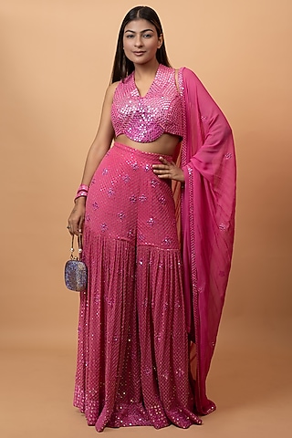 Pink Pure Georgette Mirror Embroidered Gharara Set by SEJAL KUMAR