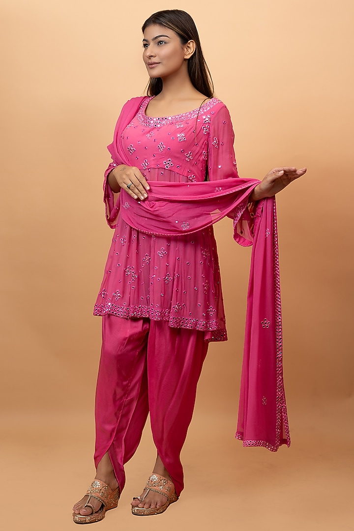 Pink Pure Georgette & Satin Dhoti Set by SEJAL KUMAR at Pernia's Pop Up Shop