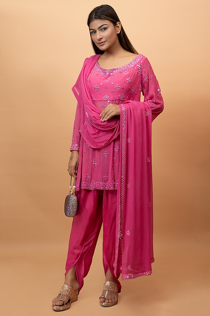 Pink Pure Georgette & Satin Dhoti Set by SEJAL KUMAR at Pernia's Pop Up Shop