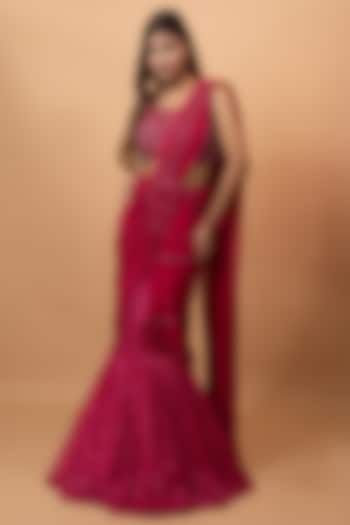 Pink Pure Georgette Sequins & Cutdana Embroidered Fish-Cut Draped Skirt Saree Set by SEJAL KUMAR