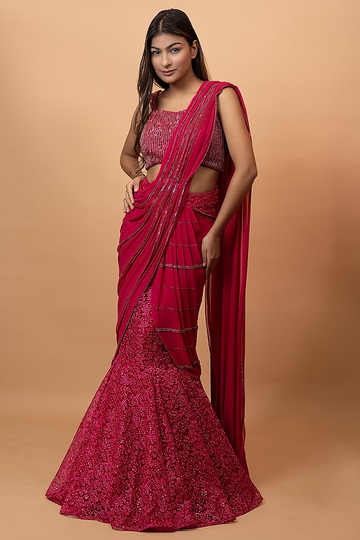 Pink Pure Georgette Sequins & Cutdana Embroidered Fish-Cut Draped Skirt Saree Set by SEJAL KUMAR