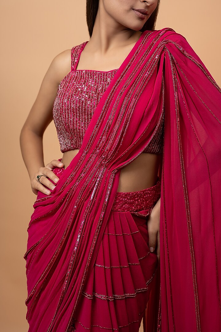 Pink Pure Georgette Sequins & Cutdana Embroidered Fish-Cut Draped Skirt Wedding Saree Set by SEJAL KUMAR at Pernia's Pop Up Shop