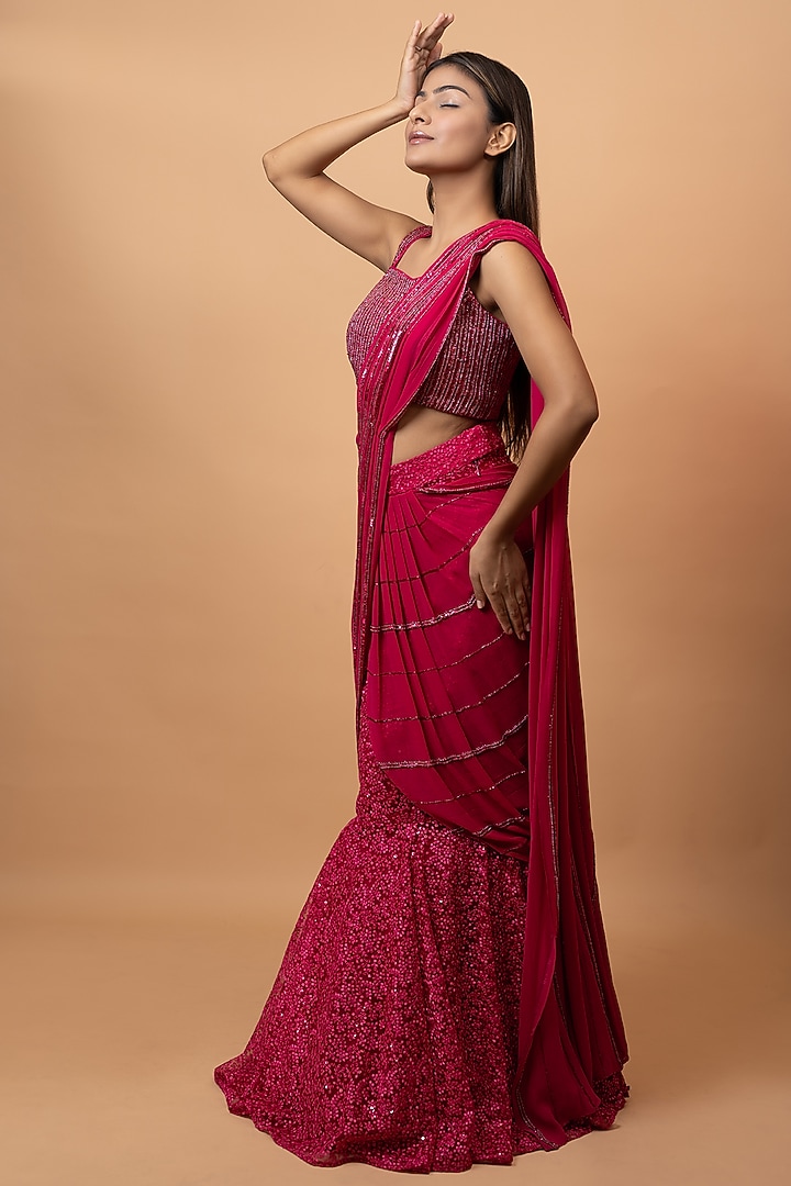 Pink Pure Georgette Sequins & Cutdana Embroidered Fish-Cut Draped Skirt Wedding Saree Set by SEJAL KUMAR at Pernia's Pop Up Shop