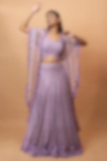 Lavender Pure Georgette Resham & 3D Pearl Embellished Lehenga Set by SEJAL KUMAR