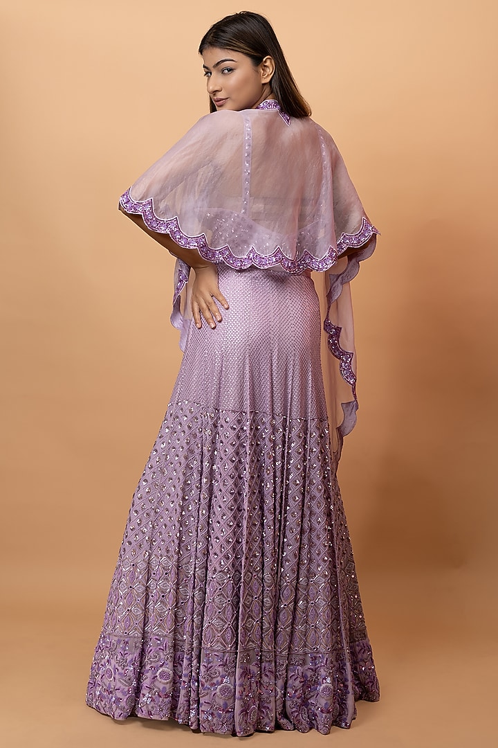Lavender Pure Georgette Resham & 3D Pearl Embellished Bridal Lehenga Set by SEJAL KUMAR at Pernia's Pop Up Shop