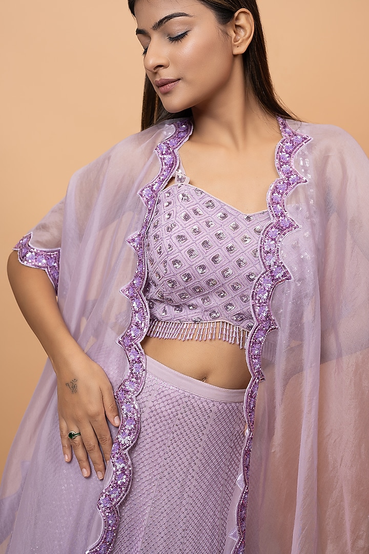 Lavender Pure Georgette Resham & 3D Pearl Embellished Bridal Lehenga Set by SEJAL KUMAR at Pernia's Pop Up Shop