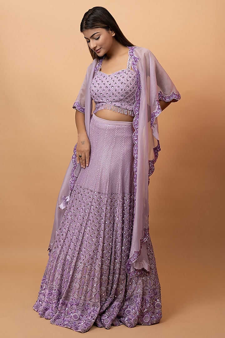 Lavender Pure Georgette Resham & 3D Pearl Embellished Bridal Lehenga Set by SEJAL KUMAR at Pernia's Pop Up Shop