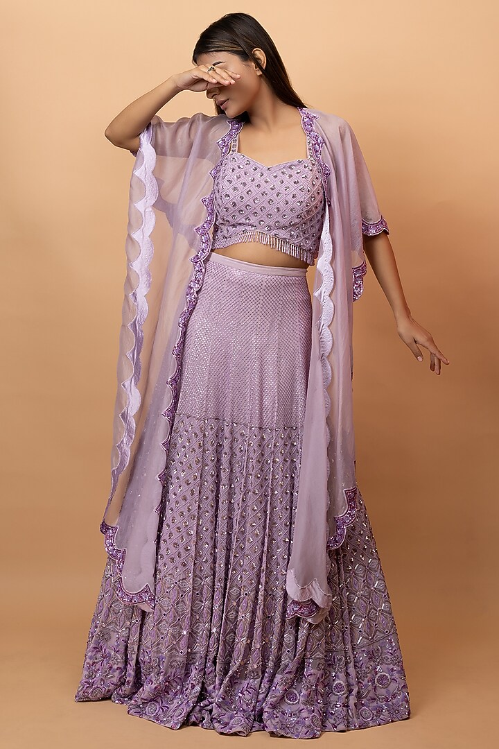 Lavender Pure Georgette Resham & 3D Pearl Embellished Bridal Lehenga Set by SEJAL KUMAR at Pernia's Pop Up Shop
