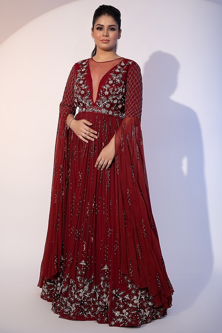 Red Pure Georgette Sequins & 3D Floral Embellished Anarkali Set by SEJAL KUMAR