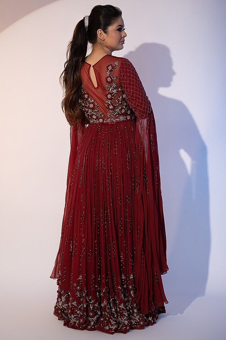 Red Pure Georgette Sequins & 3D Floral Embellished Bridal Anarkali Set by SEJAL KUMAR at Pernia's Pop Up Shop