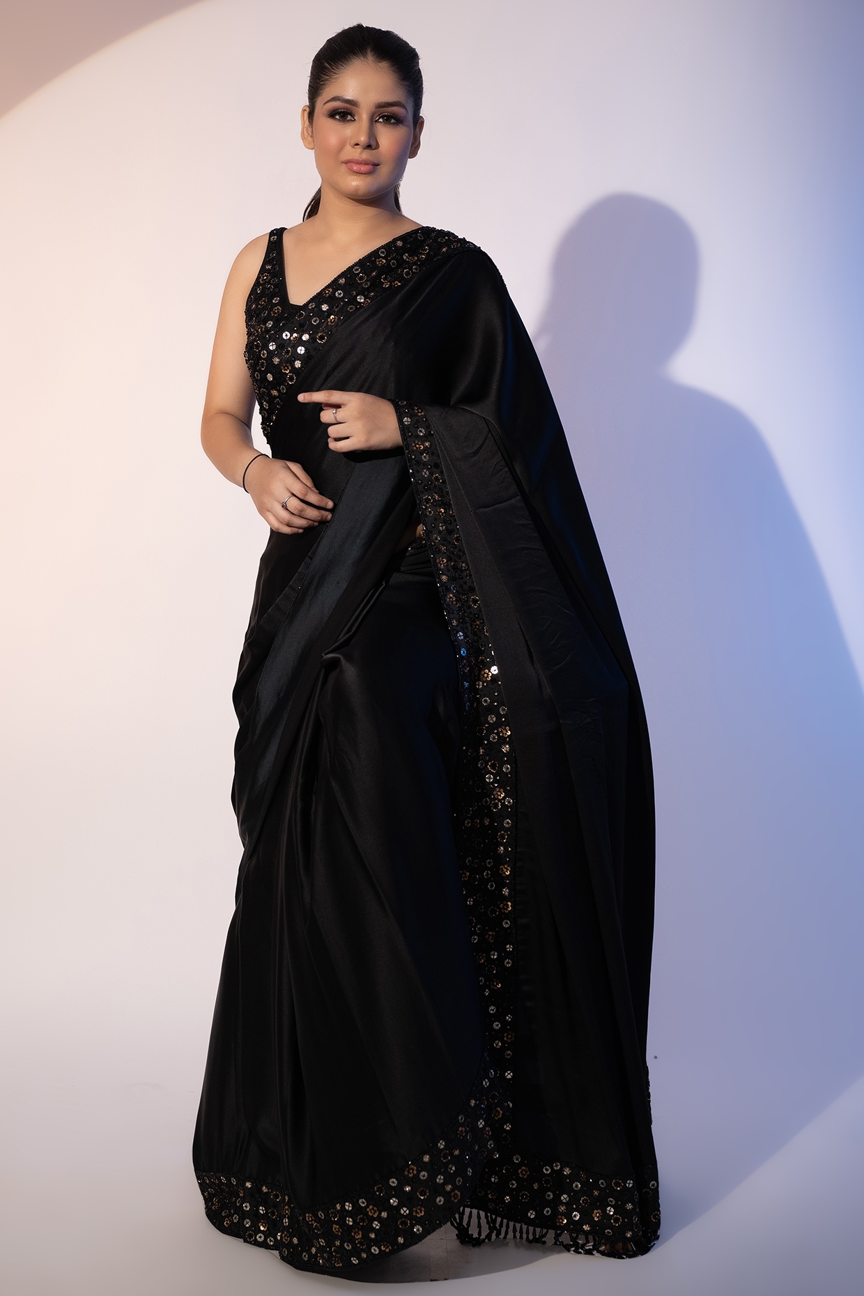Lycra Festive Readymade Saree in Black and Grey with Sequence work in 2024  | Readymade saree, Grey fashion, Black and grey