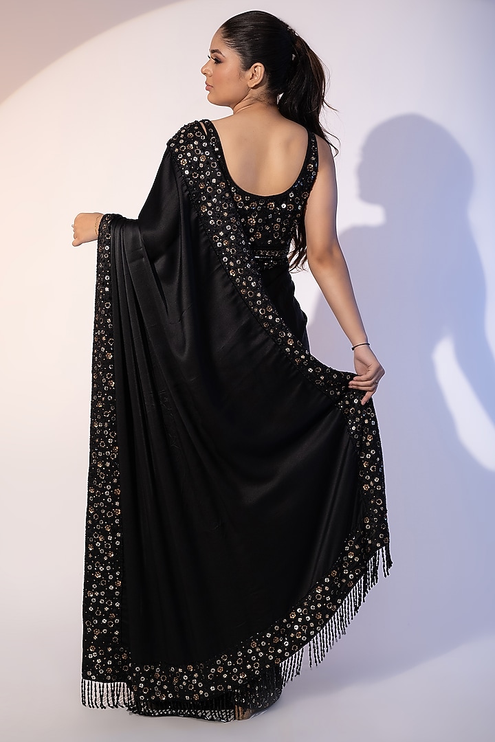 Black Pure Satin Cutdana & Moti Embroidered Wedding Saree Set by SEJAL KUMAR at Pernia's Pop Up Shop