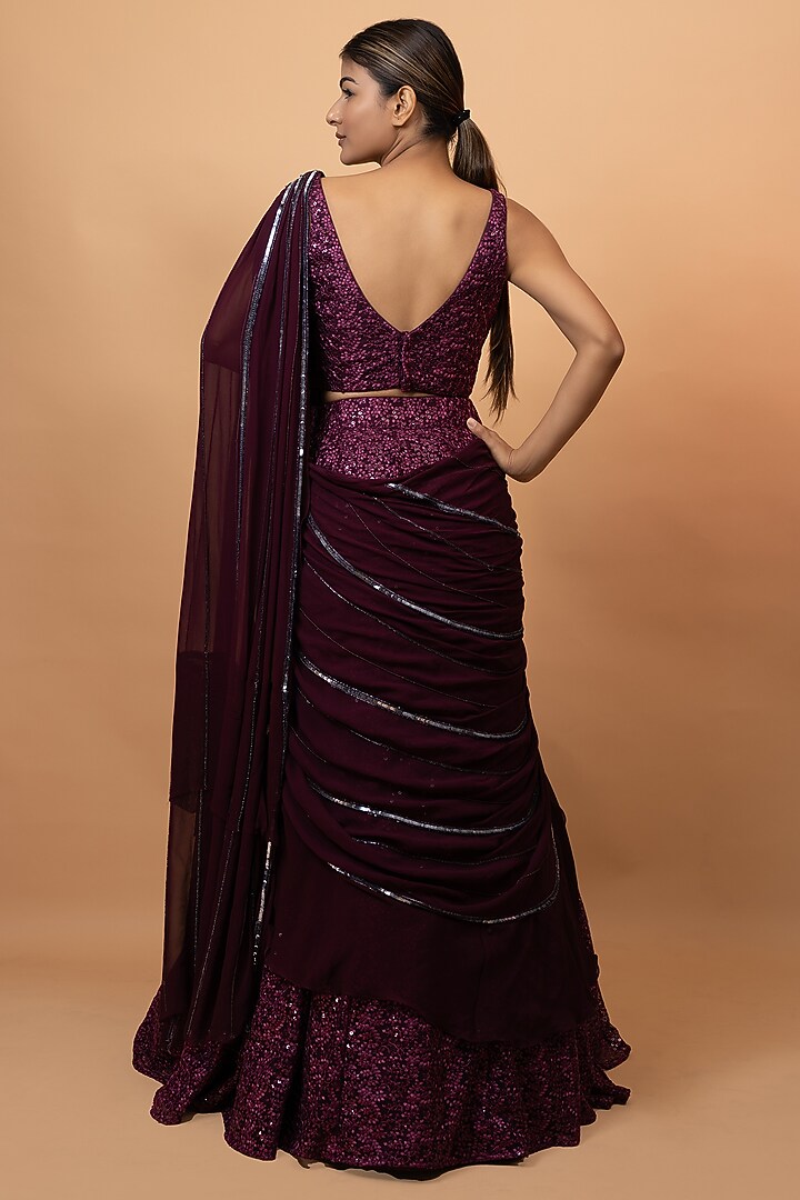 Wine Net Cutdana & Metallic Sequins Embroidered Draped Wedding Lehenga Saree Set by SEJAL KUMAR at Pernia's Pop Up Shop