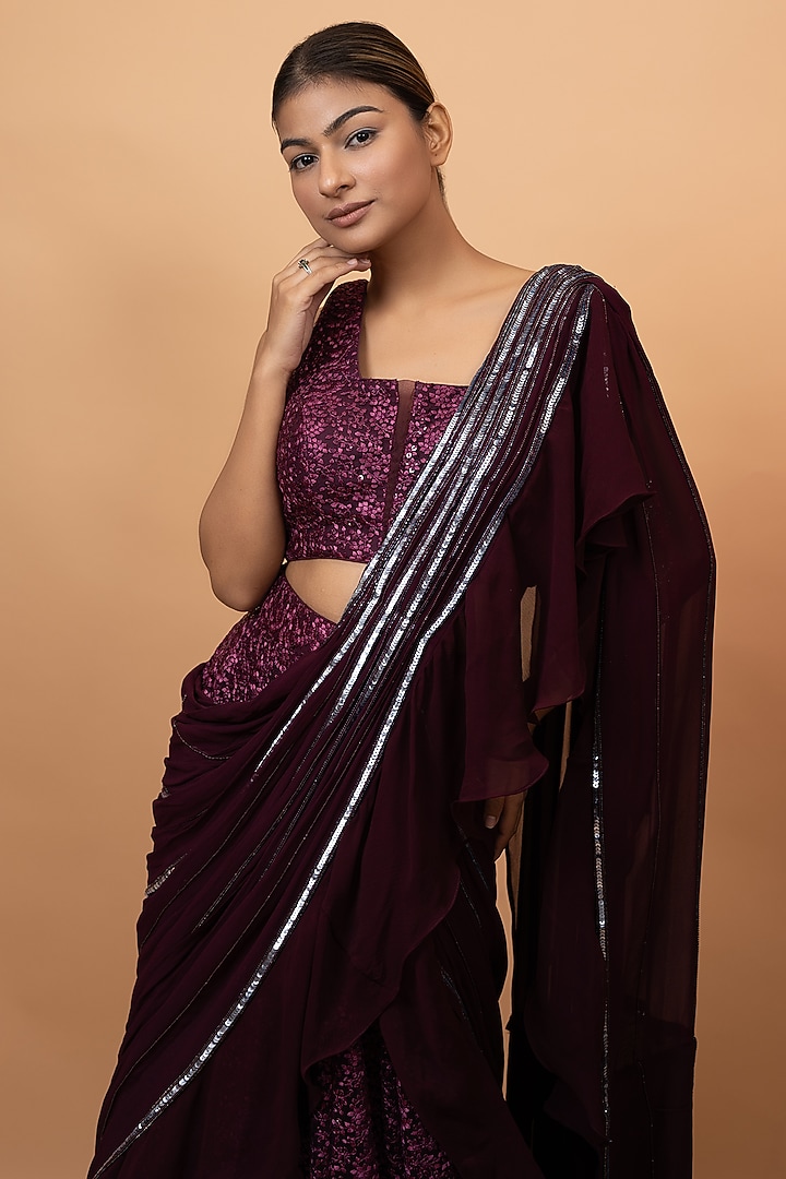 Wine Net Cutdana & Metallic Sequins Embroidered Draped Wedding Lehenga Saree Set by SEJAL KUMAR at Pernia's Pop Up Shop