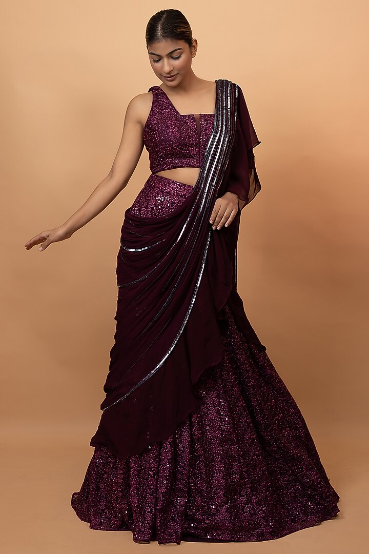 Wine Net Cutdana & Metallic Sequins Embroidered Draped Wedding Lehenga Saree Set by SEJAL KUMAR at Pernia's Pop Up Shop