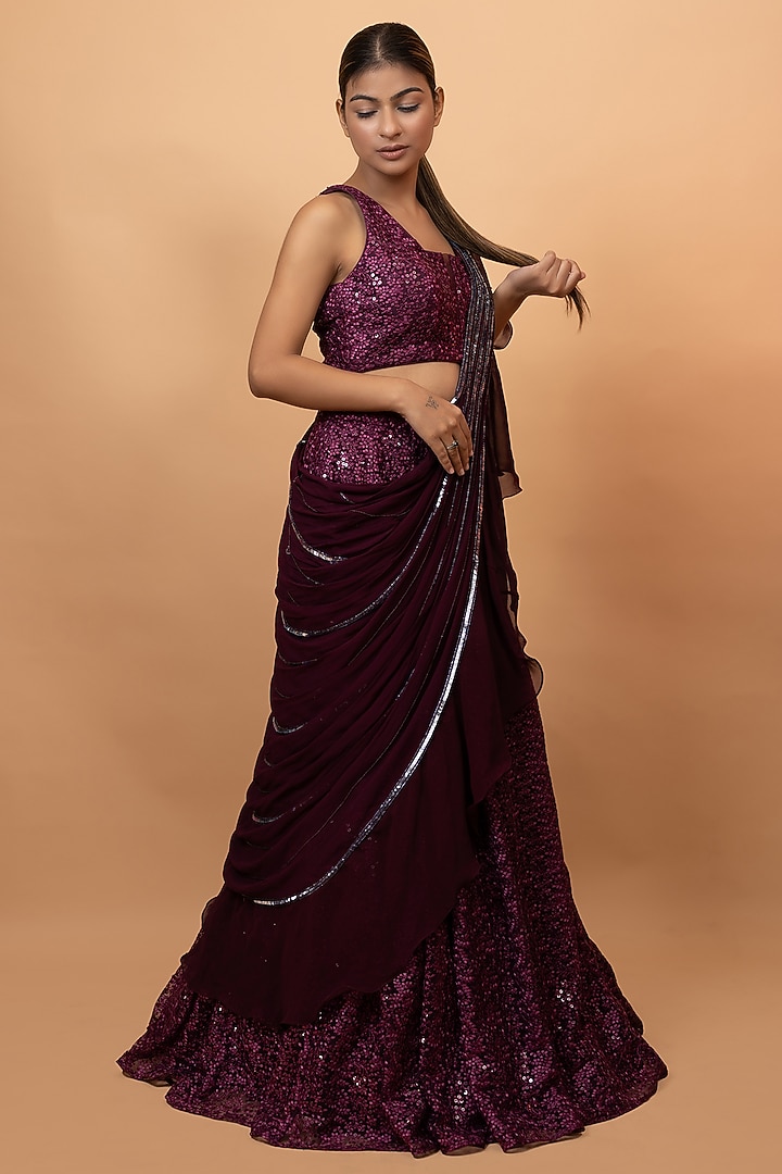 Wine Net Cutdana & Metallic Sequins Embroidered Draped Wedding Lehenga Saree Set by SEJAL KUMAR at Pernia's Pop Up Shop