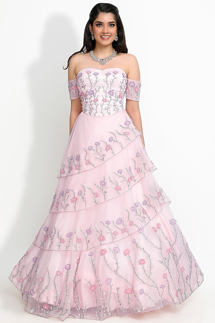 Pink Hand Embroidered Gown by Sanjana Thakur at Pernia's Pop Up Shop