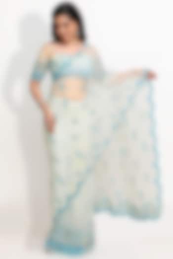 Off-White & Blue Hand Embroidered Saree Set by Sanjana Thakur