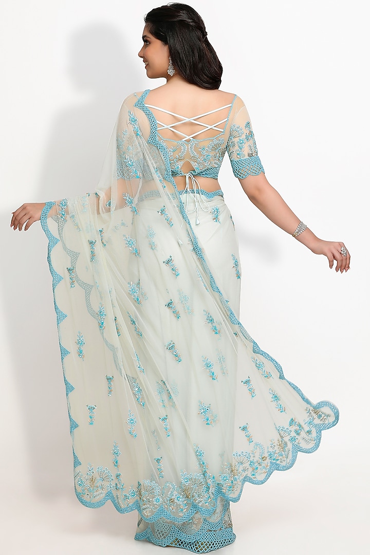 Off-White & Blue Hand Embroidered Reception Saree Set by Sanjana Thakur at Pernia's Pop Up Shop