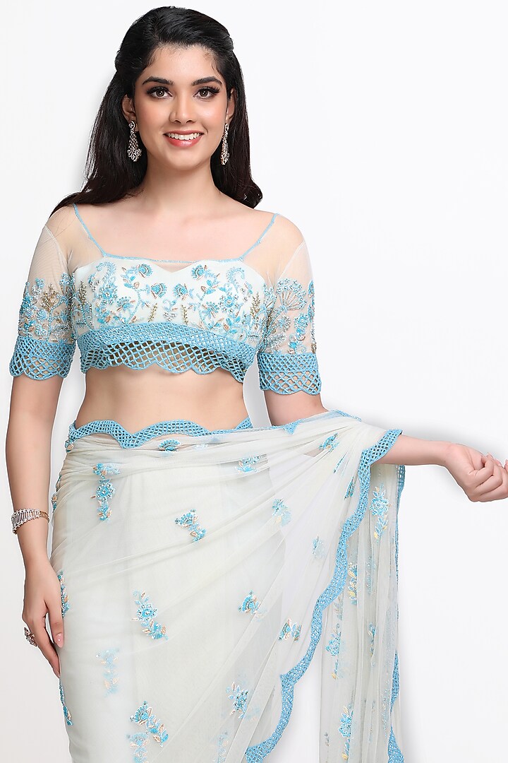 Off-White & Blue Hand Embroidered Reception Saree Set by Sanjana Thakur at Pernia's Pop Up Shop