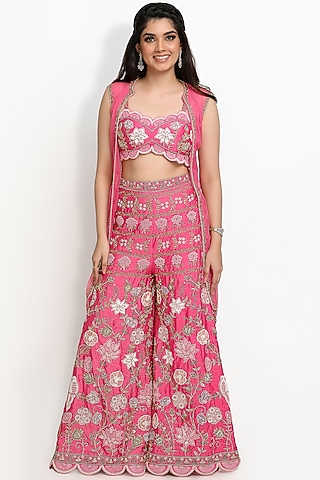 Pink Hand Embroidered Jacket Set by Sanjana Thakur