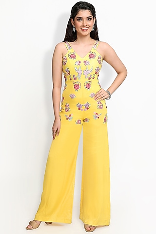 Yellow Hand Embroidered Jumpsuit by Sanjana Thakur
