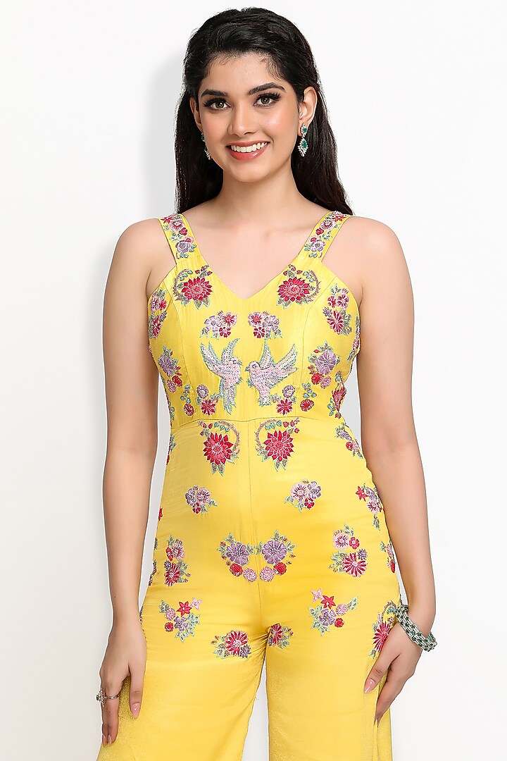 Yellow Hand Embroidered Jumpsuit by Sanjana Thakur at Pernia's Pop Up Shop