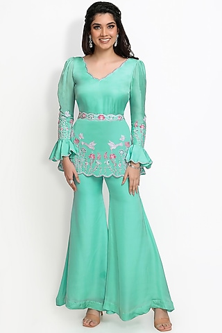 Green Viscose Gajji Silk Sharara Set by Sanjana Thakur