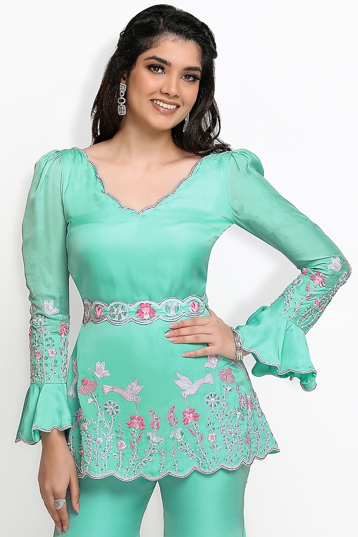 Green Viscose Gajji Silk Wedding Sharara Set by Sanjana Thakur at Pernia's Pop Up Shop