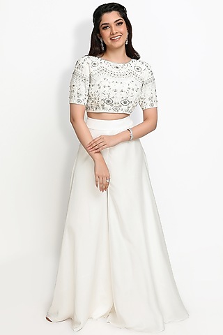 White Silk Palazzo Pant Set by Sanjana Thakur