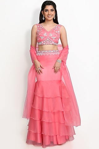 Peach Viscose Organza Skirt Set by Sanjana Thakur