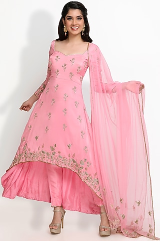 Pink Hand Embroidered Anarkali Set by Sanjana Thakur