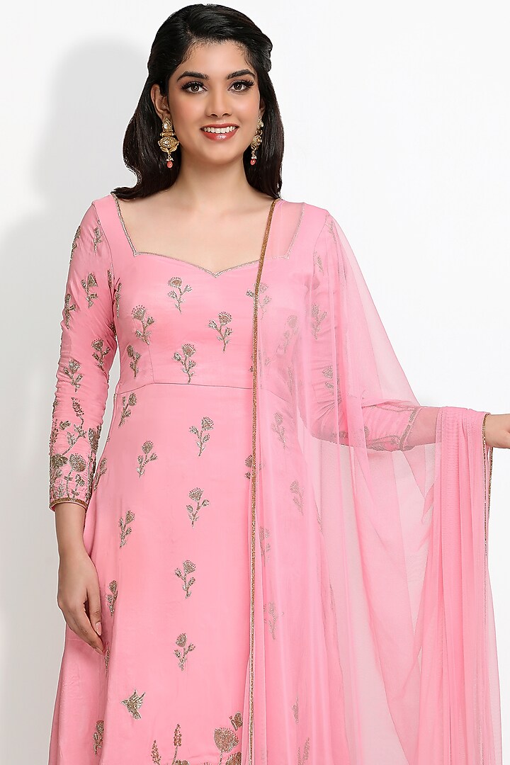 Pink Hand Embroidered Bridal Anarkali Set by Sanjana Thakur at Pernia's Pop Up Shop