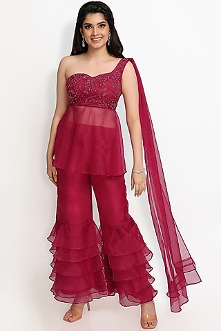 Wine Organza Sharara Set by Sanjana Thakur
