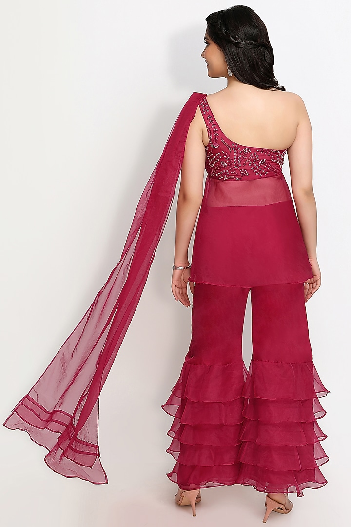 Wine Organza Wedding Sharara Set by Sanjana Thakur at Pernia's Pop Up Shop