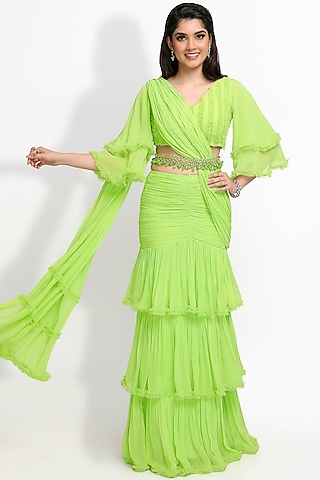 Neon Green Hand Embroidered Saree Set by Sanjana Thakur