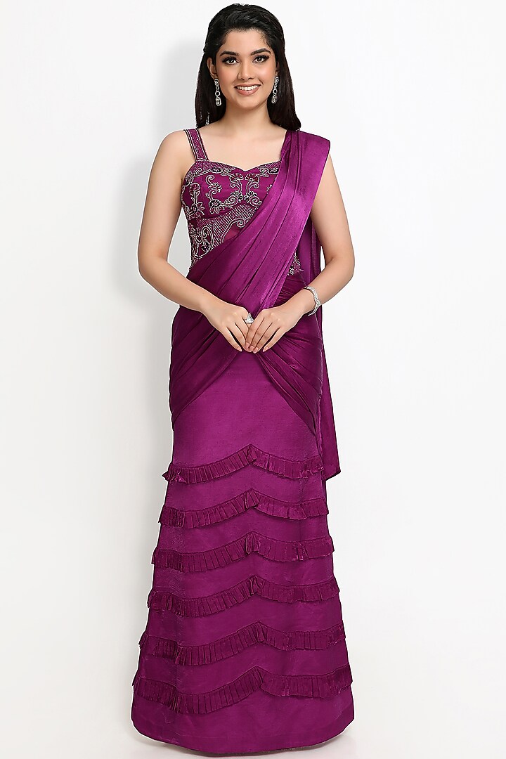 Purple Hand Embroidered Saree Set by Sanjana Thakur