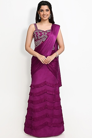 Purple Hand Embroidered Saree Set by Sanjana Thakur