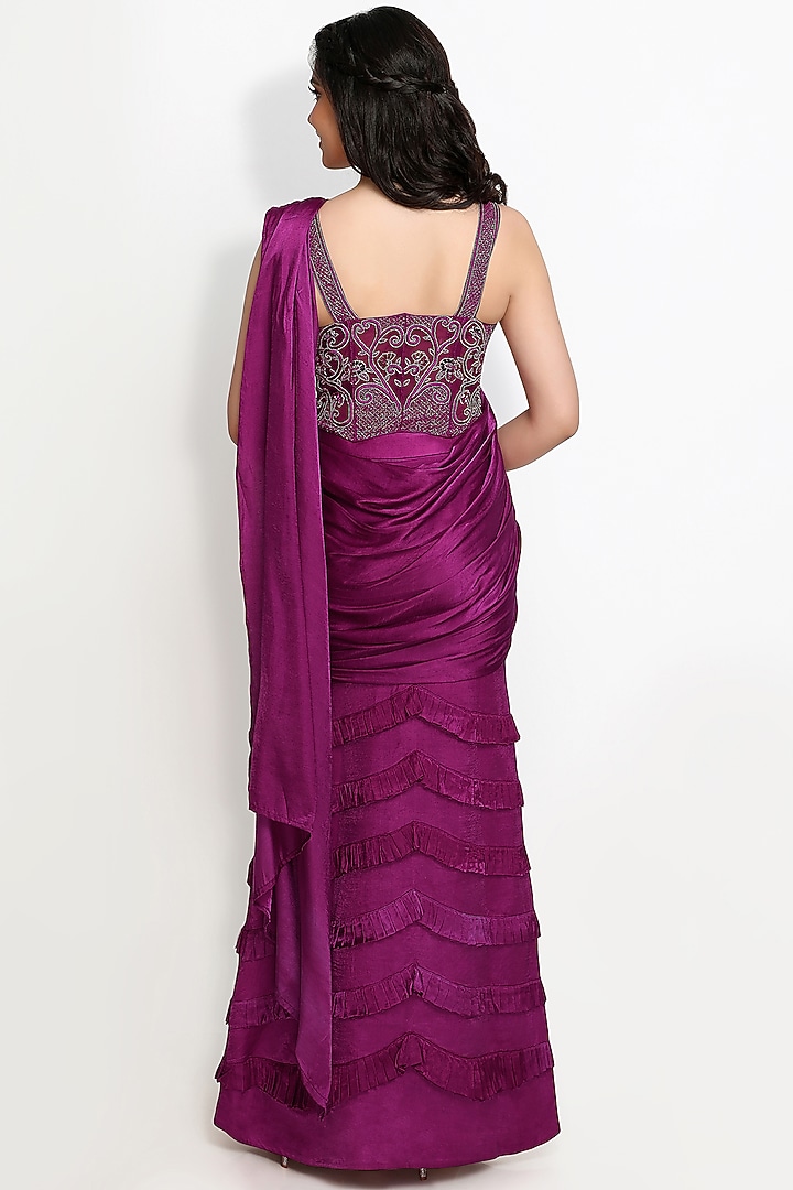 Purple Hand Embroidered Wedding Saree Set by Sanjana Thakur at Pernia's Pop Up Shop