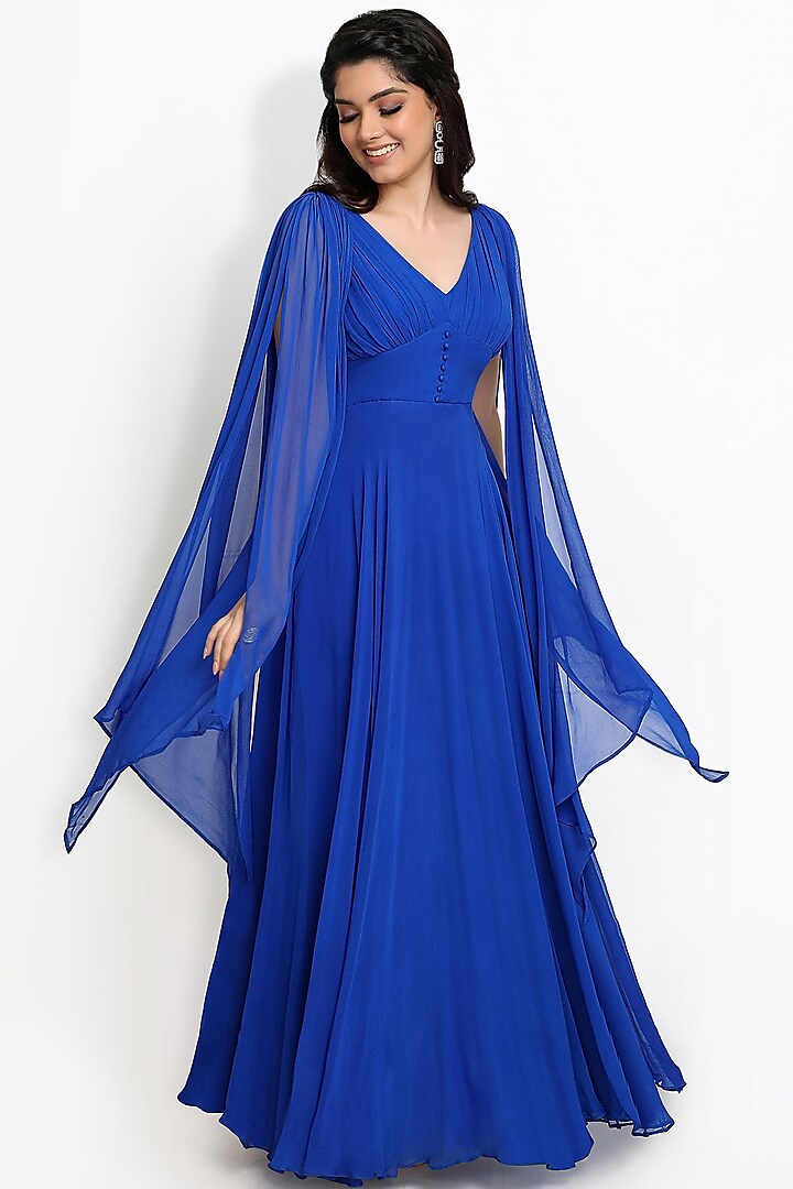 Cobalt Blue Georgette Pleated Gown by Sanjana Thakur
